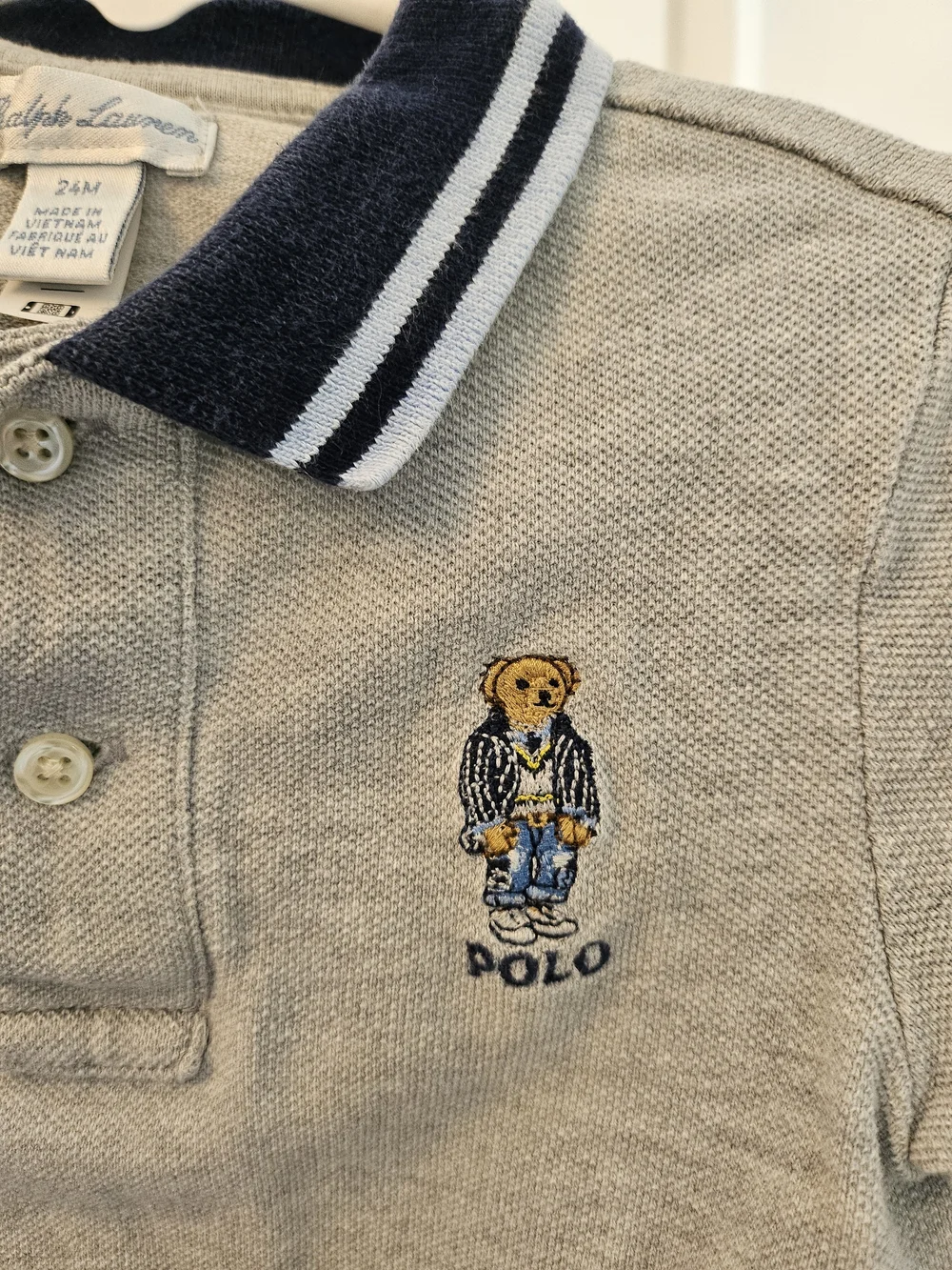 Ralph Lauren Gray Polo Romper with Navy Trim 24m
